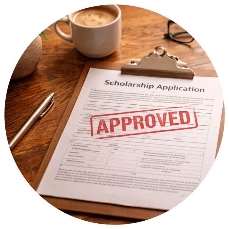 Scholarship Approved – Award Decision Scholarship application approved on a desk with official paperwork