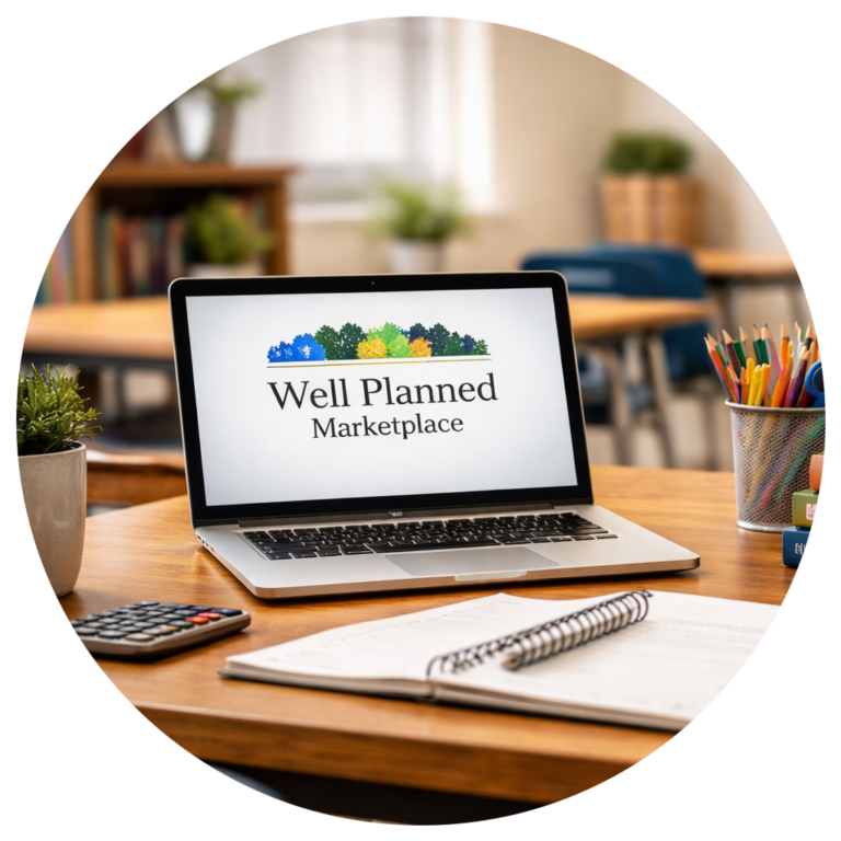 Education Resources – Funds in Action School desk with learning supplies and a laptop for educational resources